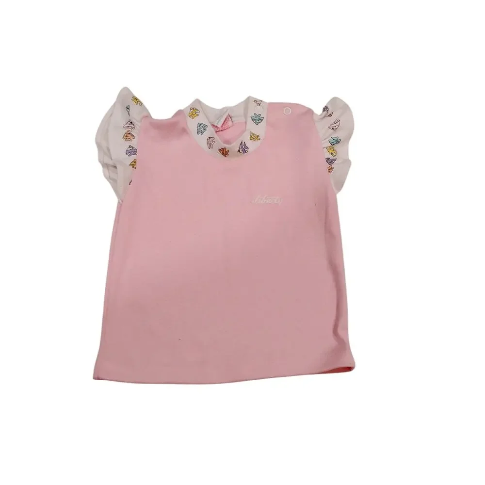 Vintage Girls Toddler 2 Month Liberty Additions Pink White Fish Ruffle Shirt